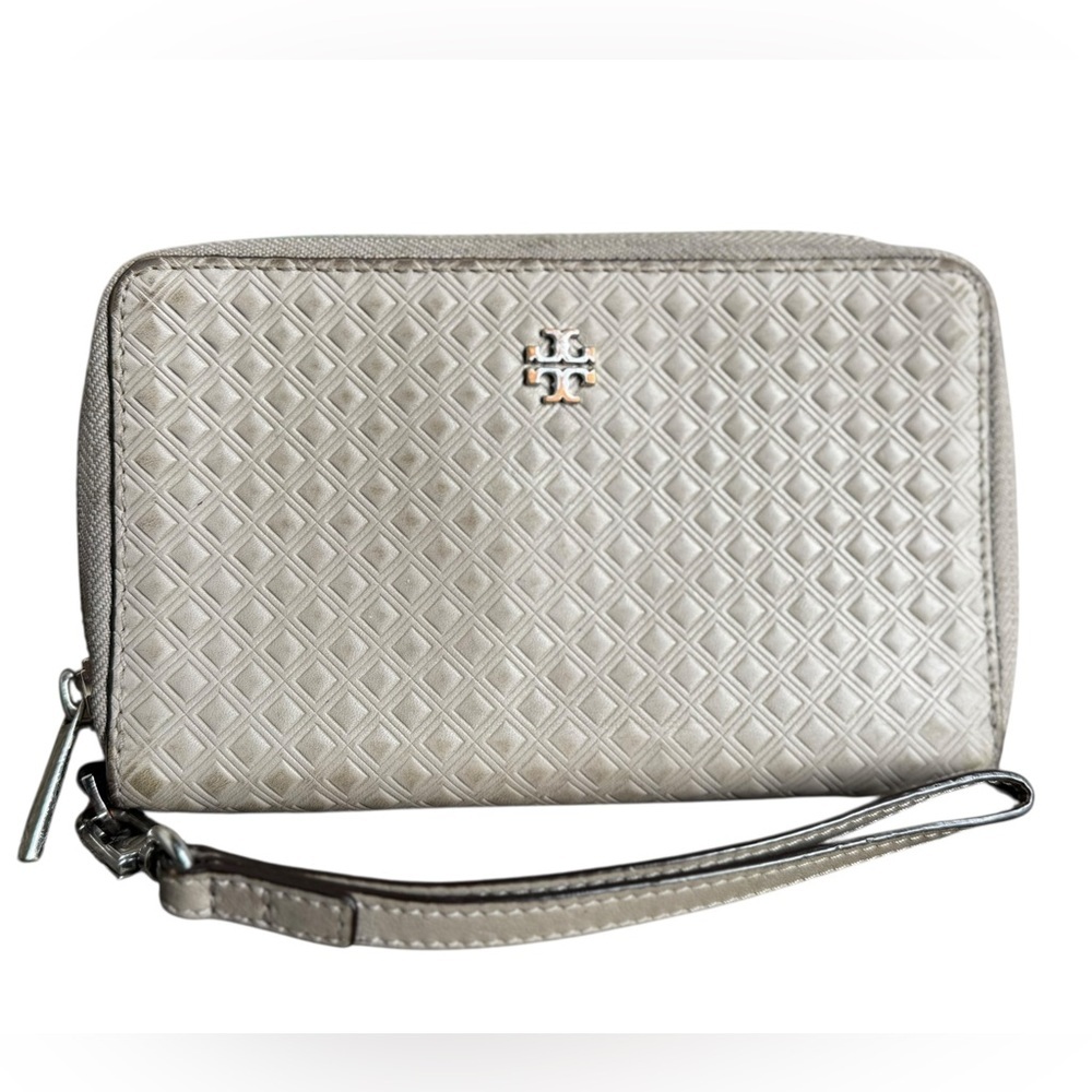 Tory Burch taupe leather zip around wristlet